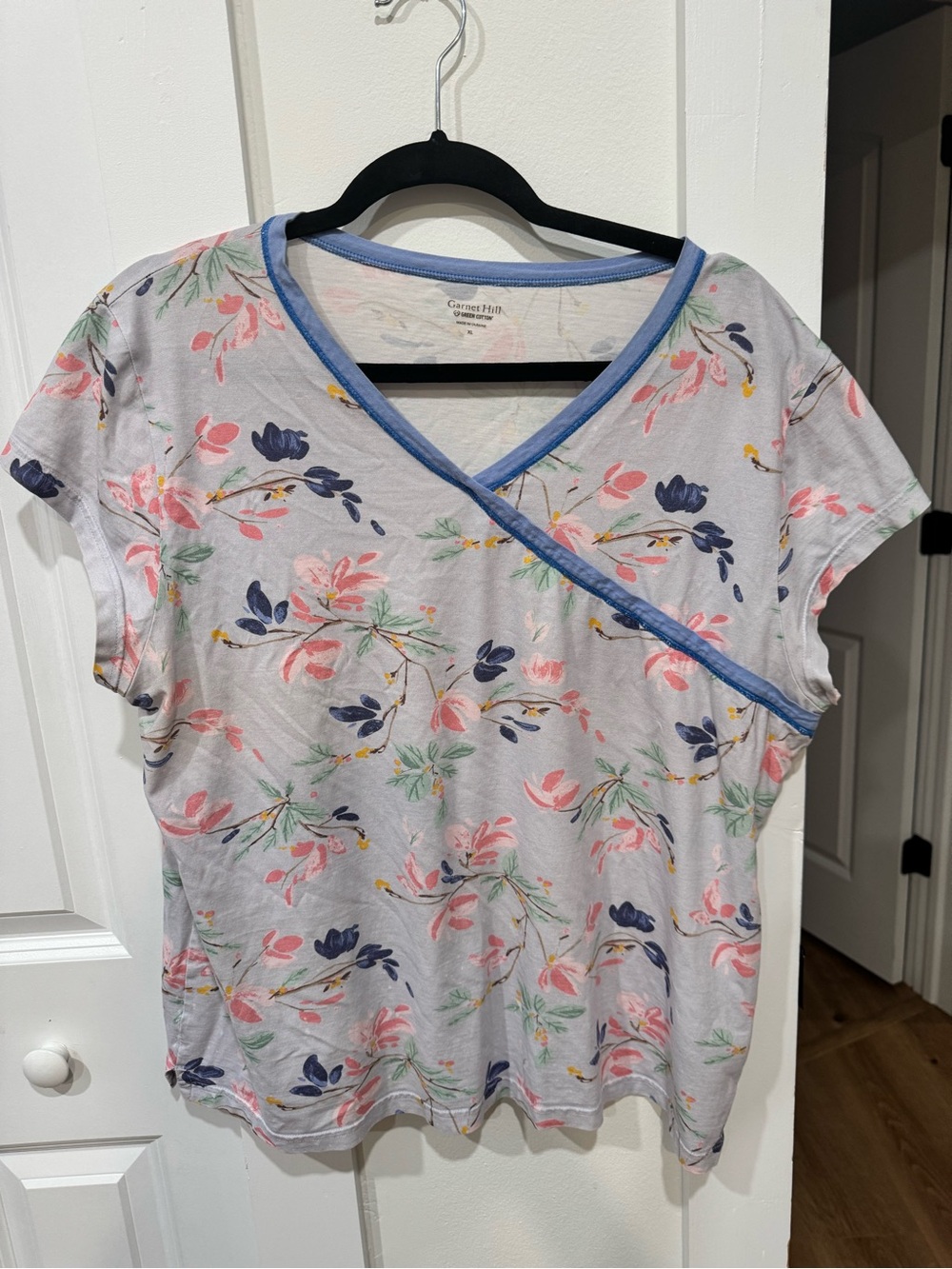 Garnet Hill Floral Wrap-Style Top — Light Gray with Pink & Navy Accents